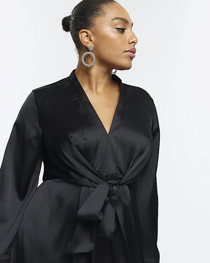 Plus black satin long sleeve mini dress