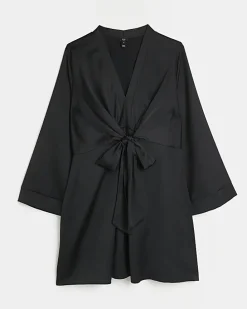 Plus black satin long sleeve mini dress