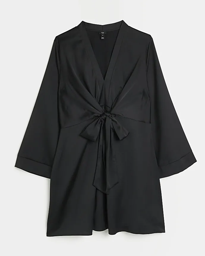 Plus black satin long sleeve mini dress
