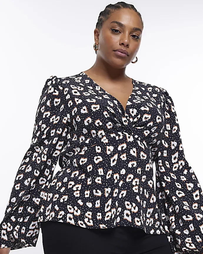 Plus black spot long sleeve blouse