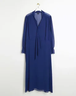 Plus blue chiffon tie neck swing maxi dress