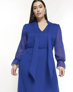 Plus blue chiffon tie neck swing maxi dress