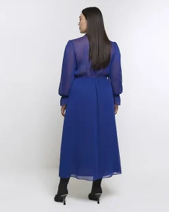 Plus blue chiffon tie neck swing maxi dress