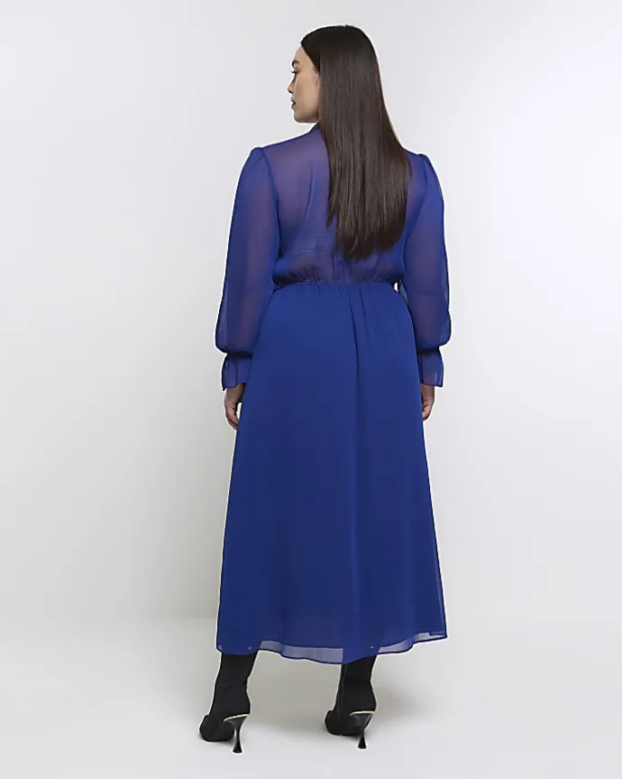 Plus blue chiffon tie neck swing maxi dress