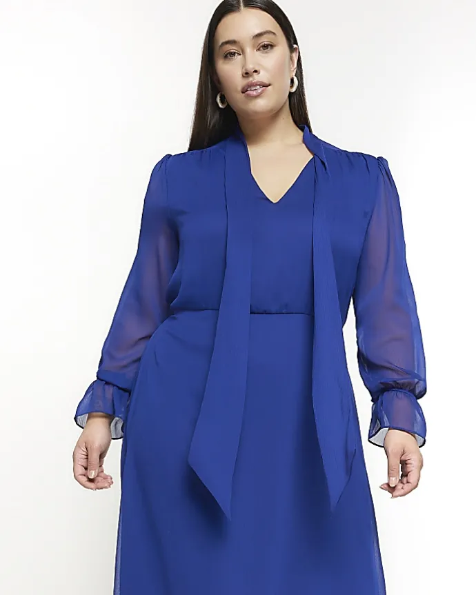 Plus blue chiffon tie neck swing maxi dress