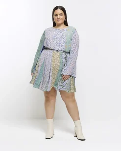 Plus blue patchwork belted shift mini dress
