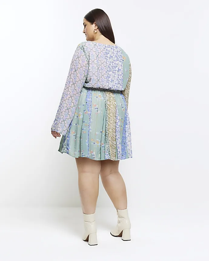 Plus blue patchwork belted shift mini dress