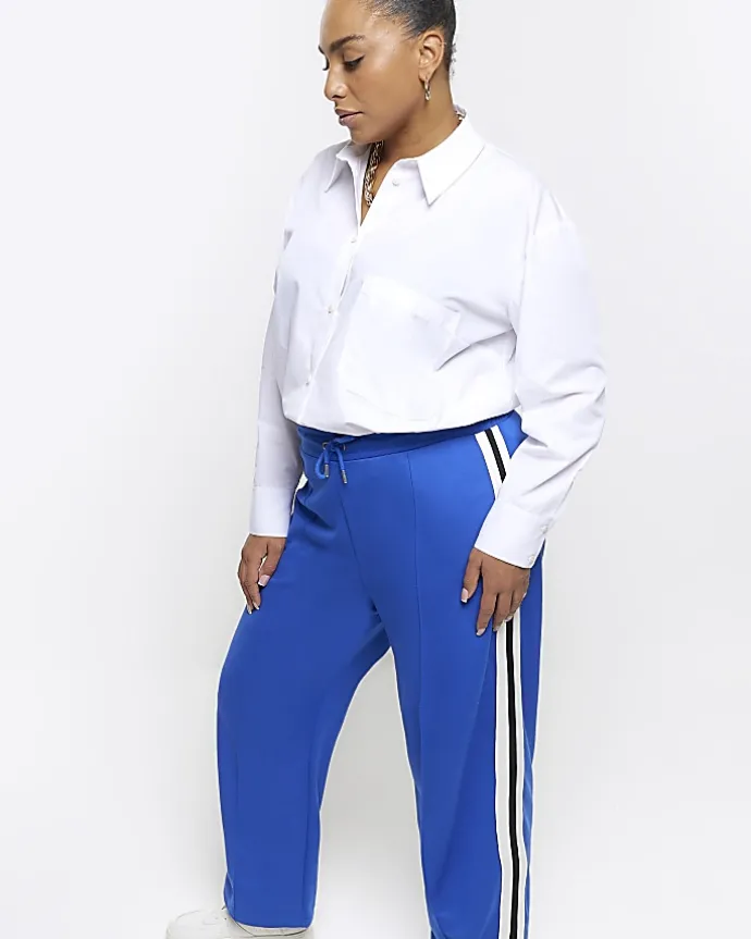 Plus blue side stripe wide leg joggers