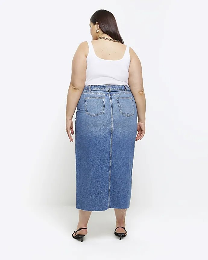 Plus blue split hem denim midi skirt