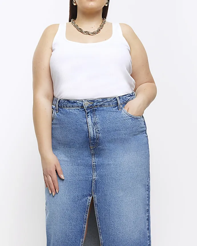 Plus blue split hem denim midi skirt