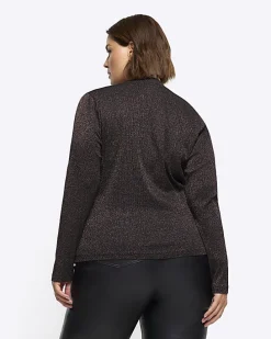 Plus bronze rib glitter long sleeve top