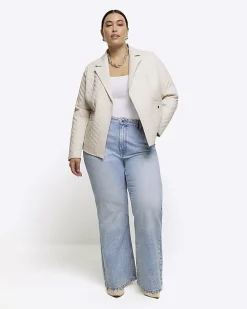Plus stone faux leather quilted blazer