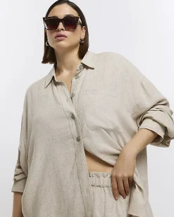 Plus stone oversized shirt with linen