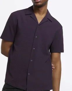 Purple regular fit seersucker revere shirt