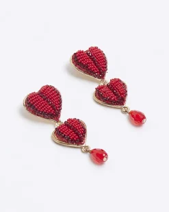 Red beaded heart drop earrings