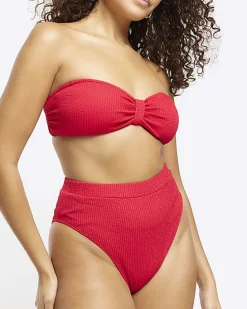 Red crinkle bandeau bikini top