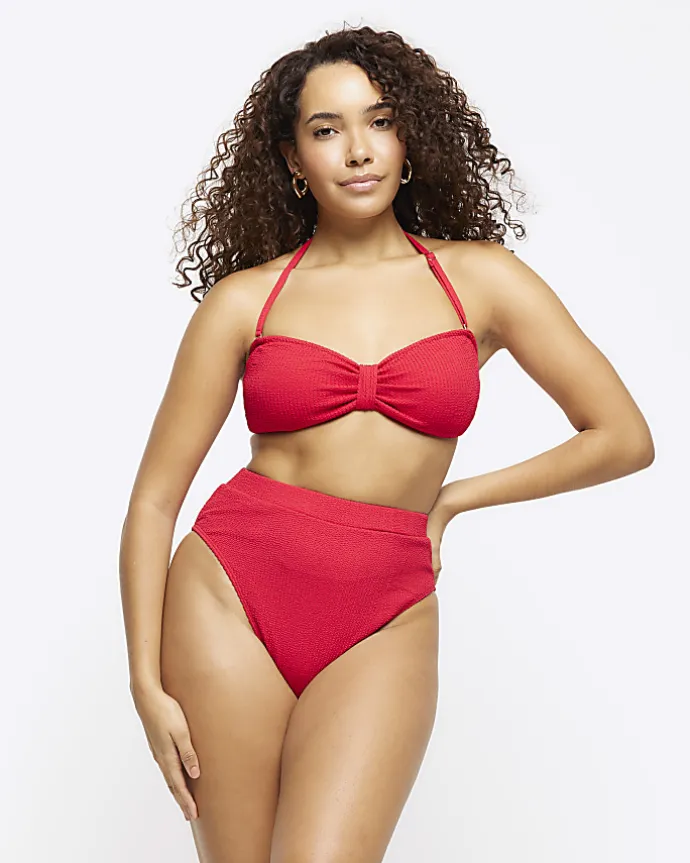 Red crinkle bandeau bikini top