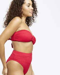 Red high waisted crinkle bikini bottoms