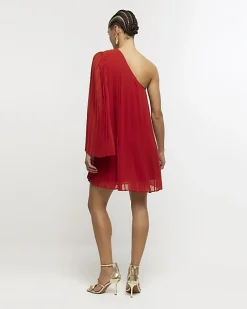 Red plisse one shoulder shift mini dress