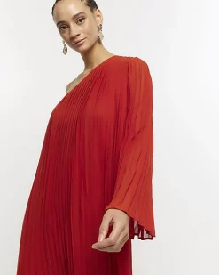 Red plisse one shoulder shift mini dress