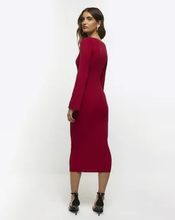 Red rib long sleeve bodycon midi dress