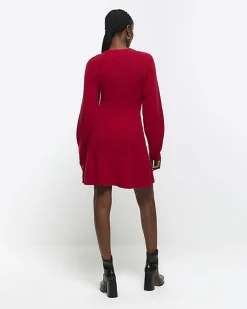 Red square neck jumper mini dress