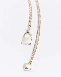Rose gold heart and lock multirow necklace