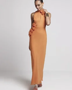 Rust corsage high neck slip maxi dress