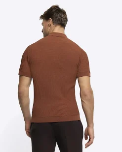 Rust muscle fit knitted half zip polo