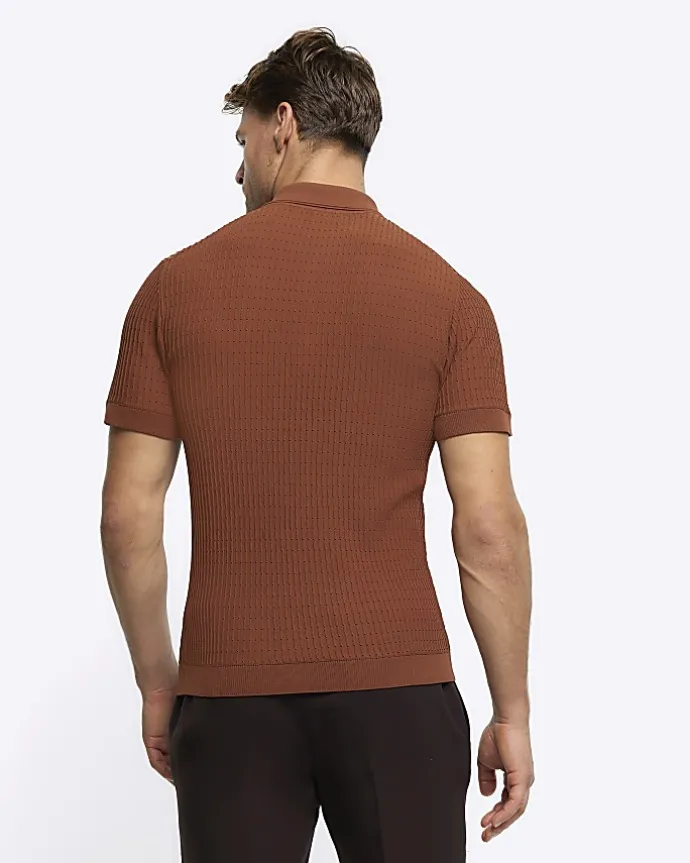 Rust muscle fit knitted half zip polo