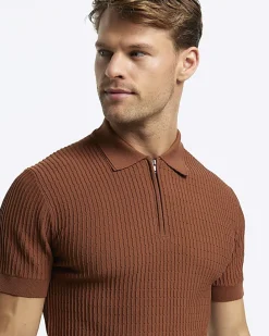 Rust muscle fit knitted half zip polo