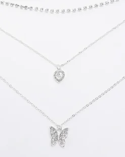 Silver butterfly heart layered necklace