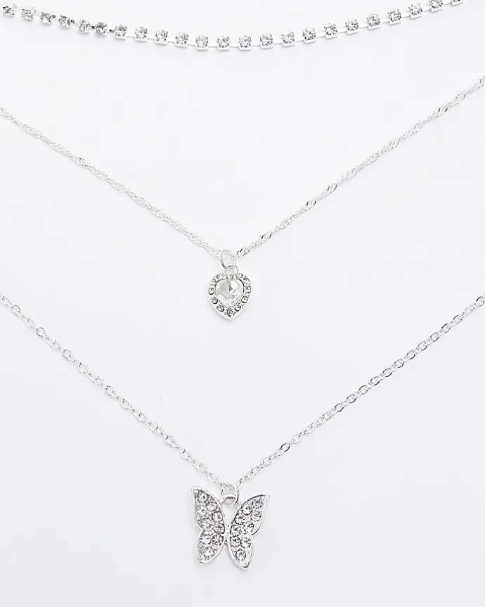Silver butterfly heart layered necklace