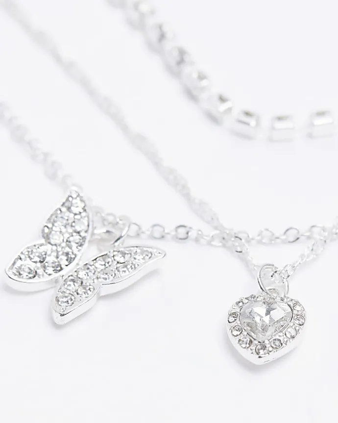 Silver butterfly heart layered necklace
