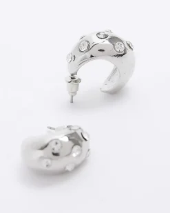 Silver chunky diamante mini hoop earrings
