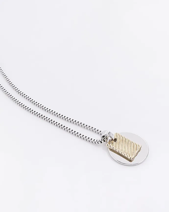 Silver colour tag and disc necklace