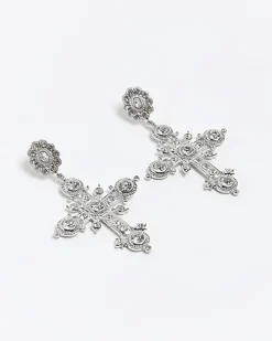 Silver diamante cross drop earrings