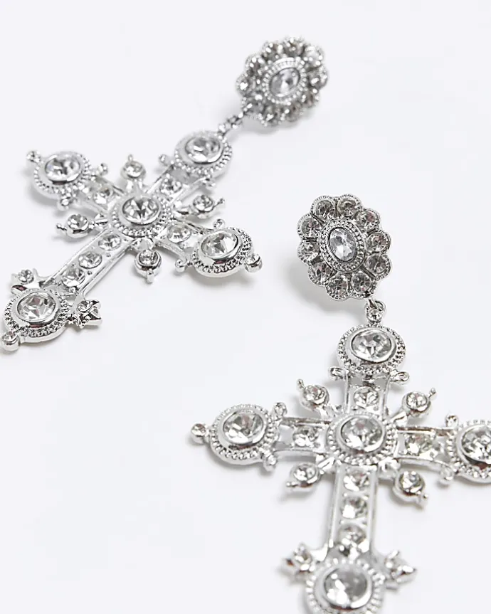 Silver diamante cross drop earrings
