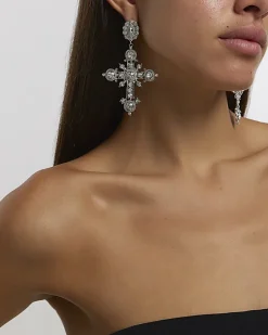 Silver diamante cross drop earrings