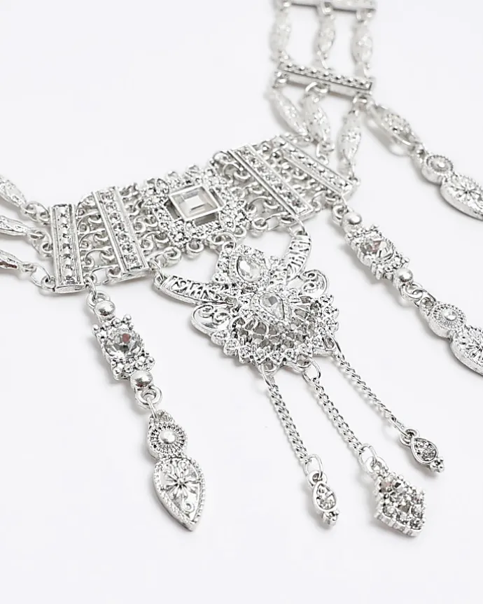 Silver Diamante Drop Choker Necklace