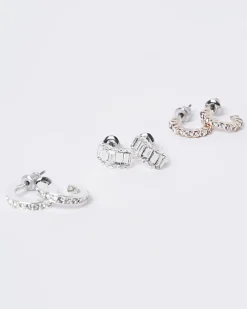Silver diamante stud and hoop earrings