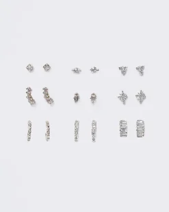 Silver diamante stud and hoop earrings