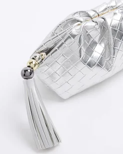 Silver embossed weave clutch bag