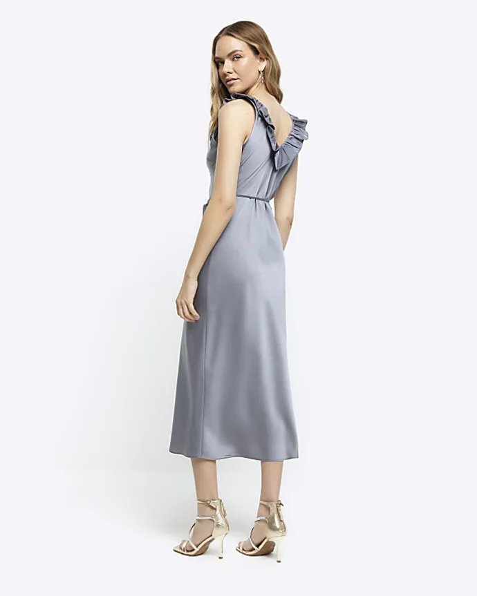 Silver satin frill trim slip midi dress