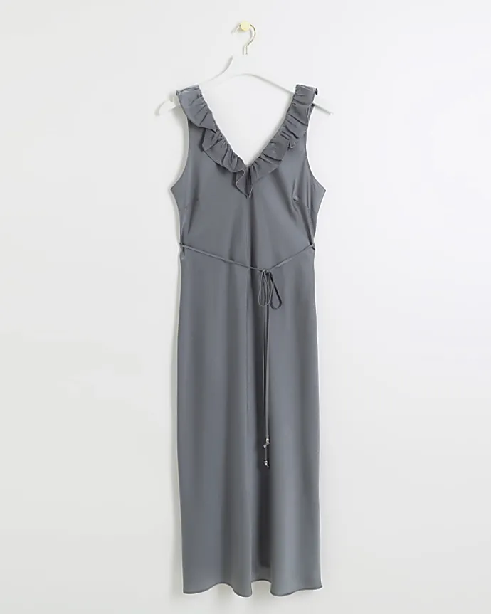 Silver satin frill trim slip midi dress