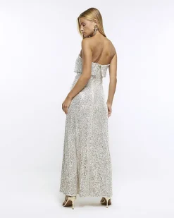 Silver sequin bandeau maxi dress