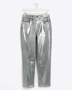 Silver slim straight coated jeans