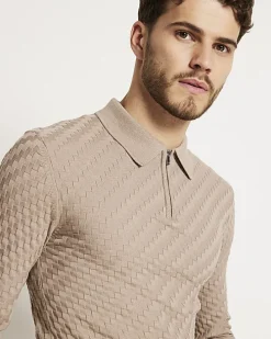 Stone muscle fit zig zag knit polo