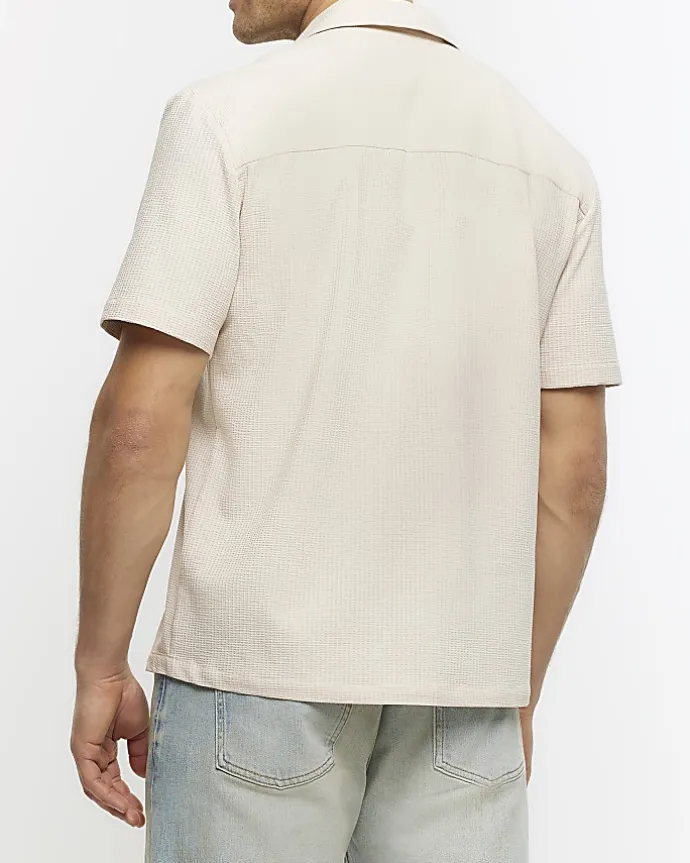Stone regular fit seersucker revere shirt