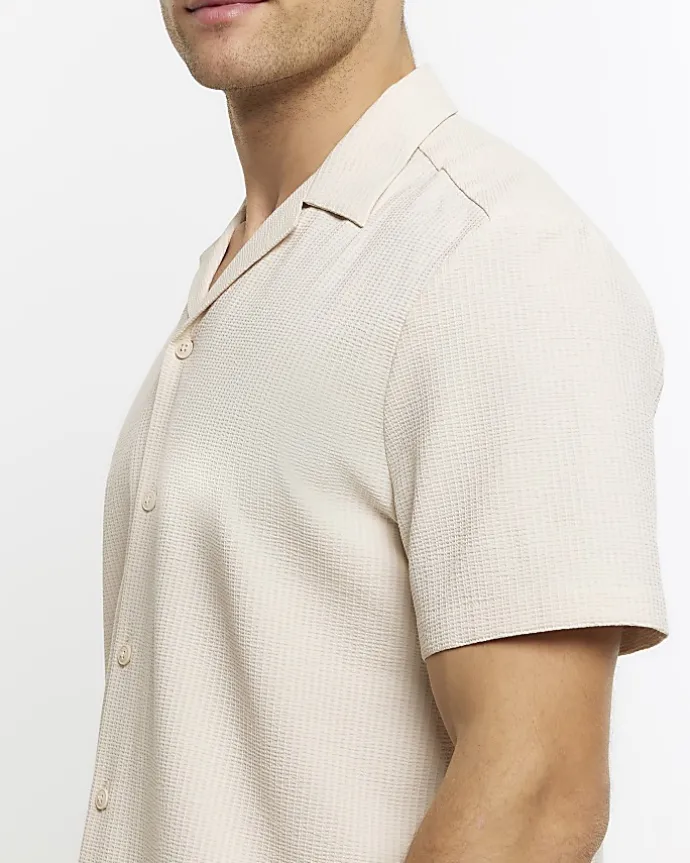 Stone regular fit seersucker revere shirt